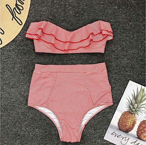 DURINM Conjuntos De Bikini Rayas Talle Alto Retro Brasileños Mujer Sexy Traje De Baño Cuello Halter Strapless Top Bikini Push Up Anudado Tanga Braga Bikini