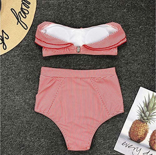DURINM Conjuntos De Bikini Rayas Talle Alto Retro Brasileños Mujer Sexy Traje De Baño Cuello Halter Strapless Top Bikini Push Up Anudado Tanga Braga Bikini