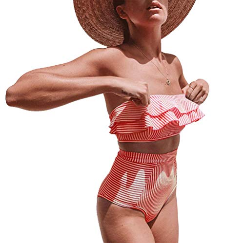 DURINM Conjuntos De Bikini Rayas Talle Alto Retro Brasileños Mujer Sexy Traje De Baño Cuello Halter Strapless Top Bikini Push Up Anudado Tanga Braga Bikini