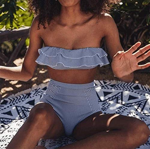 DURINM Conjuntos De Bikini Rayas Talle Alto Retro Brasileños Mujer Sexy Traje De Baño Cuello Halter Strapless Top Bikini Push Up Anudado Tanga Braga Bikini