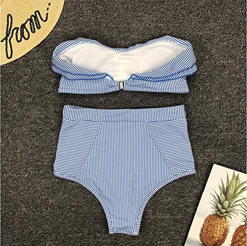 DURINM Conjuntos De Bikini Rayas Talle Alto Retro Brasileños Mujer Sexy Traje De Baño Cuello Halter Strapless Top Bikini Push Up Anudado Tanga Braga Bikini