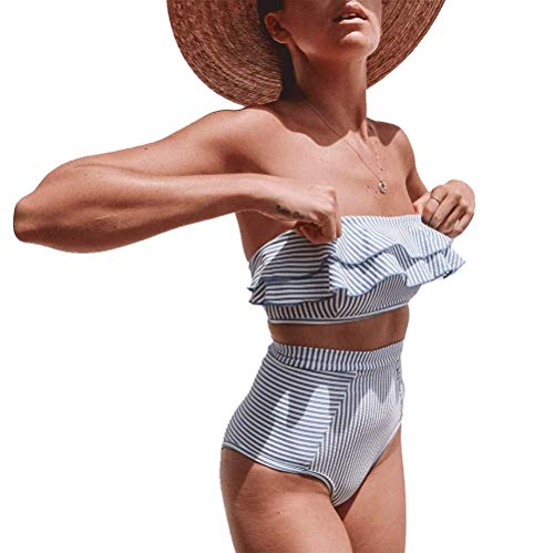 DURINM Conjuntos De Bikini Rayas Talle Alto Retro Brasileños Mujer Sexy Traje De Baño Cuello Halter Strapless Top Bikini Push Up Anudado Tanga Braga Bikini