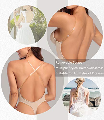 DUROFIT Bodys Moldeadores Mujer Body Shaper Invisible Escote en V sin Espalda Body Faja Reductora Shapewear Lencería Beige S