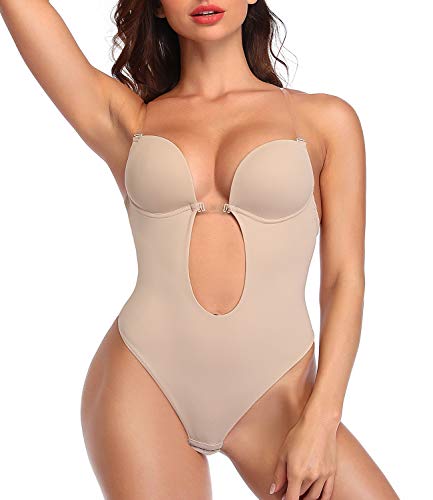 DUROFIT Bodys Moldeadores Mujer Body Shaper Invisible Escote en V sin Espalda Body Faja Reductora Shapewear Lencería Beige S