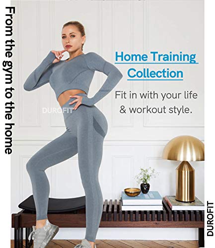 DUROFIT Conjuntos Deportivos para Mujer Leggins y Crop Top Deporte Sport Set Conjunto de Ropa Deportiva Legging Mallas de Yoga Fitness Cintura Alta Camiseta de Manga Larga Push Up Leggins Mujer