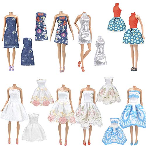 E-TING Lote 15 artículos = 5 Conjuntos Aleatorio Faldas Vestir Vestidos Ropa + 10 Pares de Zapatos para Muñecas Barbie Doll