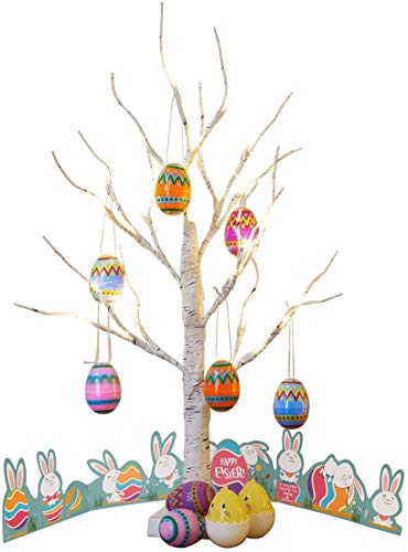 EAMBRITE Árbol de Luz LED 60cm Abedul de Pascua 24LT Luz Blanca Cálida con 10 Adornos Colgantes de Huevos de Pascua Decoración del Hogar para Pascua de Resurrección Cumpleaños Regalo Aniversario