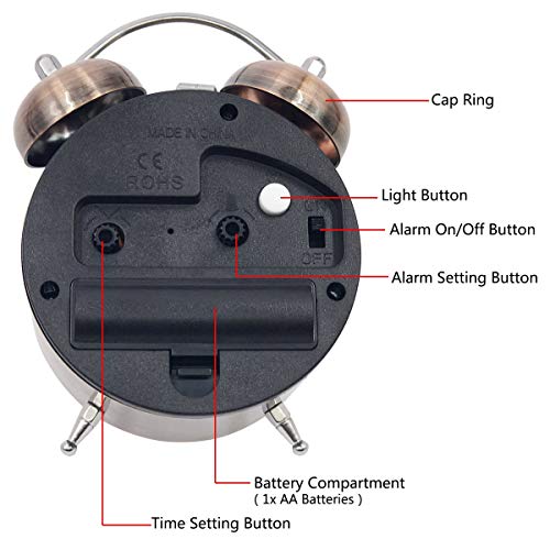 EASEHOME Doble Campanas Reloj Despertador de Cuarzo Analógico, Vintage Despertadores Silencioso sin Tictac Despertadores de Mesita Relojes Alarma Fuerte Luz Nocturna, 3 Pulgadas Números Arábigos