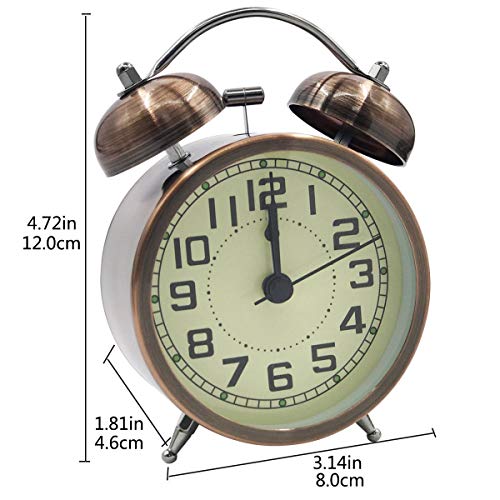 EASEHOME Doble Campanas Reloj Despertador de Cuarzo Analógico, Vintage Despertadores Silencioso sin Tictac Despertadores de Mesita Relojes Alarma Fuerte Luz Nocturna, 3 Pulgadas Números Arábigos