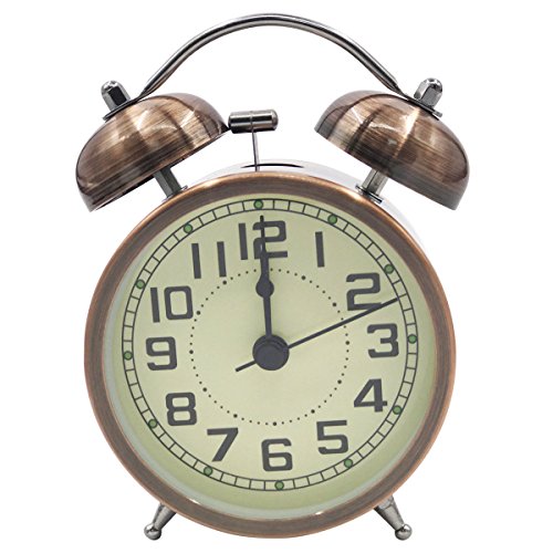 EASEHOME Doble Campanas Reloj Despertador de Cuarzo Analógico, Vintage Despertadores Silencioso sin Tictac Despertadores de Mesita Relojes Alarma Fuerte Luz Nocturna, 3 Pulgadas Números Arábigos