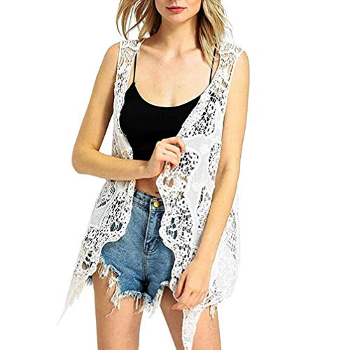 Ecloud Shop Cárdigan de Encaje Floral Frente Abierto sin Mangas Ropa de Playa Chaleco con Flecos Tops Transparentes Chal Ahuecado para Mujer Niña Verano (Negro)
