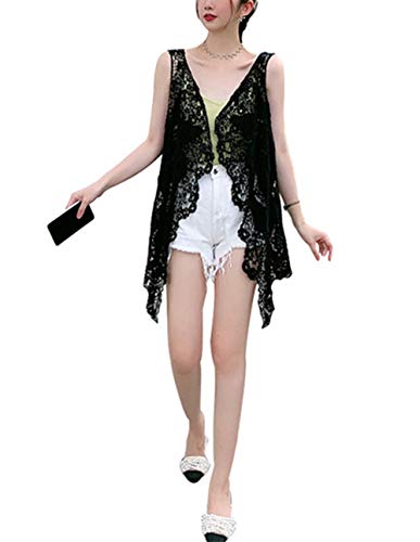 Ecloud Shop Cárdigan de Encaje Floral Frente Abierto sin Mangas Ropa de Playa Chaleco con Flecos Tops Transparentes Chal Ahuecado para Mujer Niña Verano (Blanco)