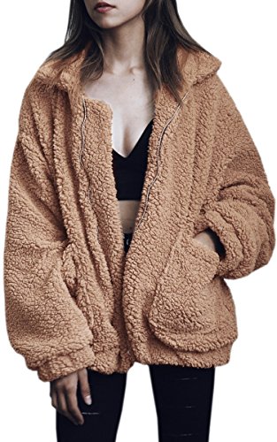 ECOWISH Abrigo de mujer con solapa de imitación para suelto, manga larga, bolsillo con cremallera, chaqueta de invierno, abrigo corto camel 48