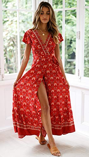 ECOWISH Vestidos de mujer bohemios, cuello en V, manga corta, estilo étnico, vestido largo de playa