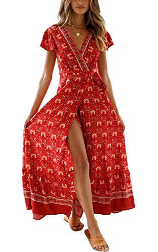 ECOWISH Vestidos de mujer bohemios, cuello en V, manga corta, estilo étnico, vestido largo de playa