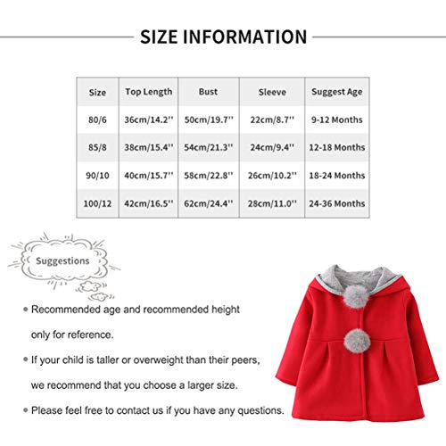 EDOTON Abrigos Niña Pequeño Ropa Otoño Invierno Chaqueta con Bola de Pelo Encantador Oreja Capucha Grueso Capa para Bebés Niña (Talla 10/18-24 Meses, Rojo)