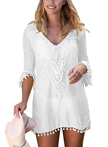 EDOTON Camisolas y Pareos para Mujer, Blusa Vestido Crochet Pom Pom Ajuste Playa Túnica Traje de Baño (L, Blanco)