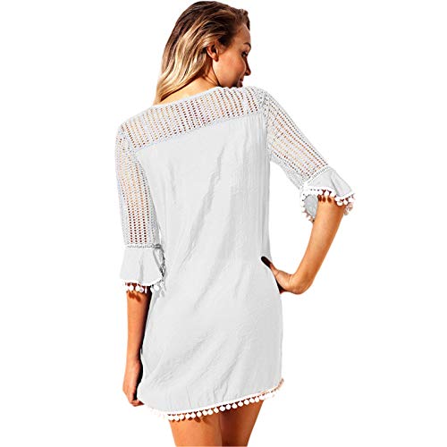 EDOTON Camisolas y Pareos para Mujer, Blusa Vestido Crochet Pom Pom Ajuste Playa Túnica Traje de Baño (S, Blanco)
