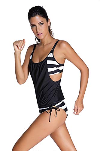 EDOTON Conjuntos de Bikinis para Mujer, Rayas alineadas Doble Top Tankini Conjuntos Trajes de baño (L, Negro)