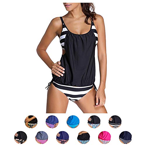 EDOTON Conjuntos de Bikinis para Mujer, Rayas alineadas Doble Top Tankini Conjuntos Trajes de baño (L, Negro)