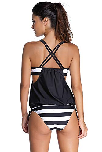 EDOTON Conjuntos de Bikinis para Mujer, Rayas alineadas Doble Top Tankini Conjuntos Trajes de baño (L, Negro)