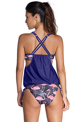 EDOTON Conjuntos de Bikinis para Mujer, Rayas alineadas Doble Top Tankini Conjuntos Trajes de baño (M, Flamenco Azul)
