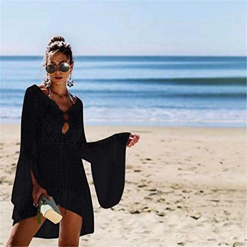 EDOTON Traje de Baño, Vestido de baño de Bikini con Encaje de Crochet y Espalda Abierta de Mujer (D- Negro)