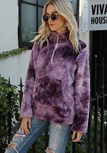 EFOFEI Jersey de felpa para mujer Tie-Dye con bolsillo frontal con cremallera, cuello alto, con cordón y capucha, suave lana de cordero, sensación de manga larga, estilo casual Z lila. XXL