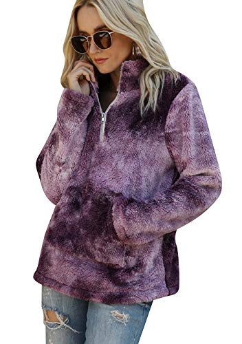 EFOFEI Jersey de felpa para mujer Tie-Dye con bolsillo frontal con cremallera, cuello alto, con cordón y capucha, suave lana de cordero, sensación de manga larga, estilo casual Z lila. L