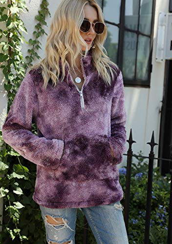 EFOFEI Jersey de felpa para mujer Tie-Dye con bolsillo frontal con cremallera, cuello alto, con cordón y capucha, suave lana de cordero, sensación de manga larga, estilo casual Z lila. XXL