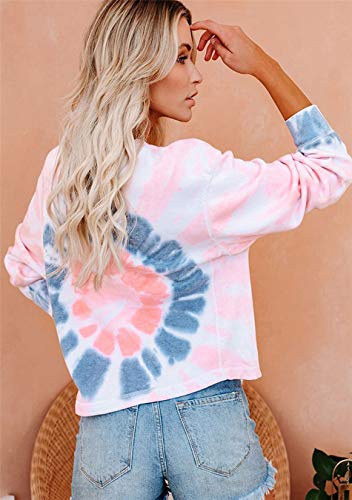 EFOFEI Sudadera para mujer Tie-Dye sin tirantes, de arcoíris, camiseta de manga larga con tinta casual. L-rosa y gris. L