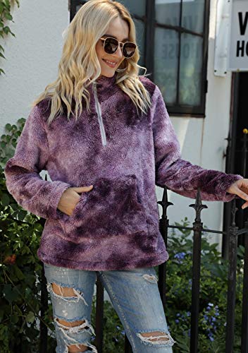 EFOFEI Suéter de felpa para mujer con bolsillos con cremallera, cuello alto, manga larga, abrigo de lana de cordero cálido