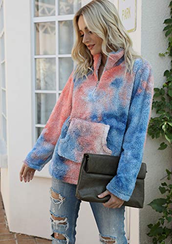 EFOFEI Suéter de felpa para mujer con bolsillos con cremallera, cuello alto, manga larga, abrigo de lana de cordero cálido