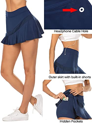 Ekouaer Falda de tenis para mujer, con bolsillos, pantalón interior, conexión para auriculares, ligera, tallas S-XXL azul marino M
