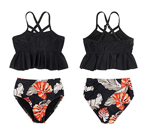 Eledobby Traje de Baño para Mujer y Niña 2 Piezas Conjuntos de Bikinis a Juego con la Familia Tankinis de Cintura Alta Volantes Padres e Hijos Ropa de Playa de Verano para Nadar Negro 8-10 Años
