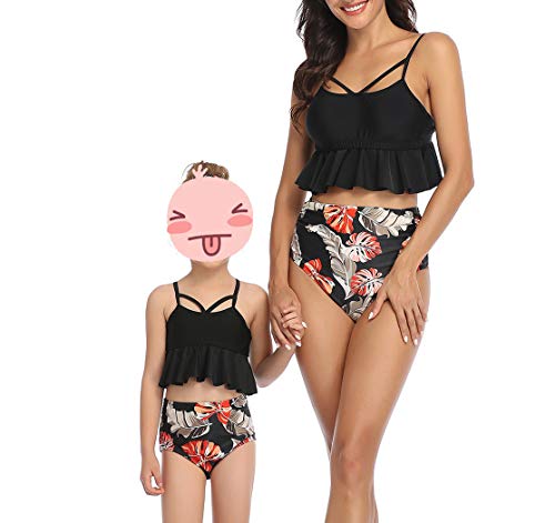 Eledobby Traje de Baño para Mujer y Niña 2 Piezas Conjuntos de Bikinis a Juego con la Familia Tankinis de Cintura Alta Volantes Padres e Hijos Ropa de Playa de Verano para Nadar Negro 8-10 Años