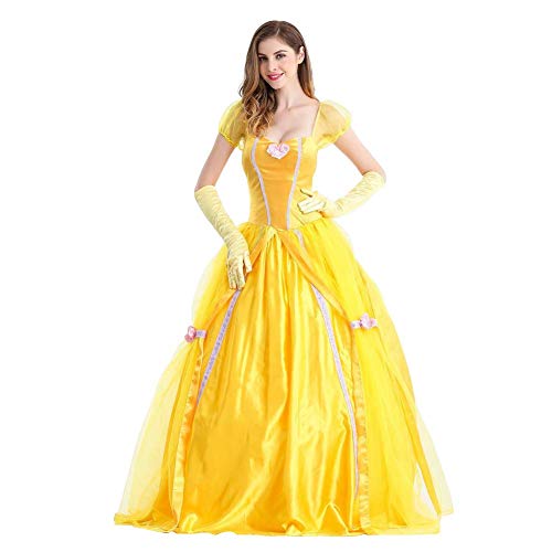 Elegante Mujer Vestido Halloween Bella y la Bestia Fiesta Belle Princesa Cosplay Manga Corta Bowknot Falda Adecuado para Bodas Navidad cumpleaños Santa comunión Ceremonia Amarillo L