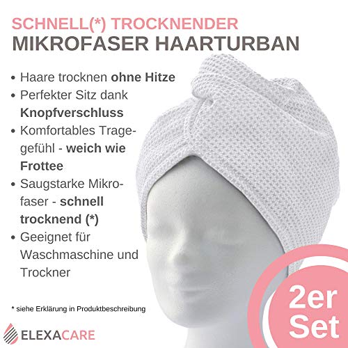 ELEXCARE Toalla turbante de microfibra absorbente para un rápido secado de pelo (Paquete de toallas, 2 unidades, blanco, ca. 28x65 cm). Todo tipo de cabello.