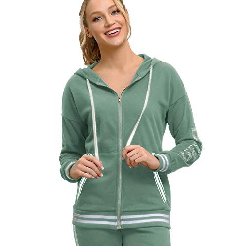 ELFIN Sudadera con capucha para mujer, de manga larga, con cremallera, con bolsillos, para otoño e invierno verde L