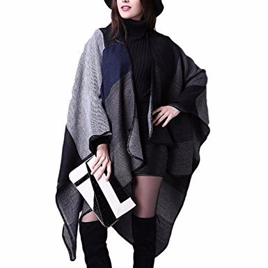 EMMA Poncho de Las Mujeres Manta Chalecos Invierno Abierto de Cachemira de la Tela Escocesa Abrigo Stoles Suéter