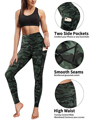 Enmain Pantalones de yoga leggings camuflaje verde militar de cintura alta para mujer con entrenamiento de gimnasio de bolsillo