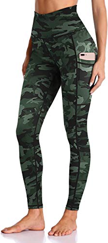 Enmain Pantalones de yoga leggings camuflaje verde militar de cintura alta para mujer con entrenamiento de gimnasio de bolsillo