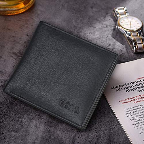 Eono by Amazon - Cartera de Cuero para Mujer y Hombre con diseño Plano y protección contra Lectura RFID (Cuero Negro napa)
