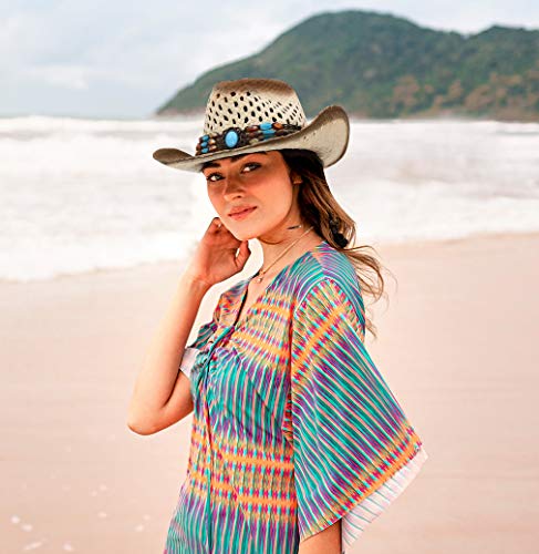 EOZY Sombrero de Vaquero de Paja con Turquesa Artificial para Mujer Marrón