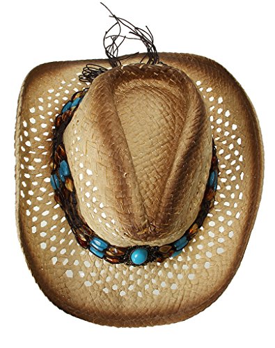 EOZY Sombrero de Vaquero de Paja con Turquesa Artificial para Mujer Marrón