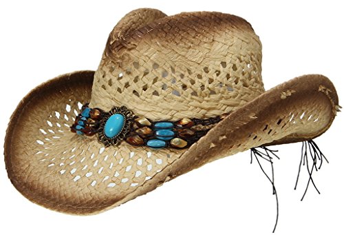 EOZY Sombrero de Vaquero de Paja con Turquesa Artificial para Mujer Marrón