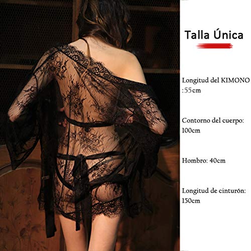 Erótica Kimono de Encaje Transparente con Cinturón Satén, Sexy Conjunto de Lencería con Mangas Largas Ropa Interior de Dormir Camisón Traje de Baño para Mujer Damas + Tanga G-String (Negro)