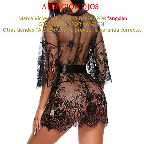 Erótica Kimono de Encaje Transparente con Cinturón Satén, Sexy Conjunto de Lencería con Mangas Largas Ropa Interior de Dormir Camisón Traje de Baño para Mujer Damas + Tanga G-String (Negro)