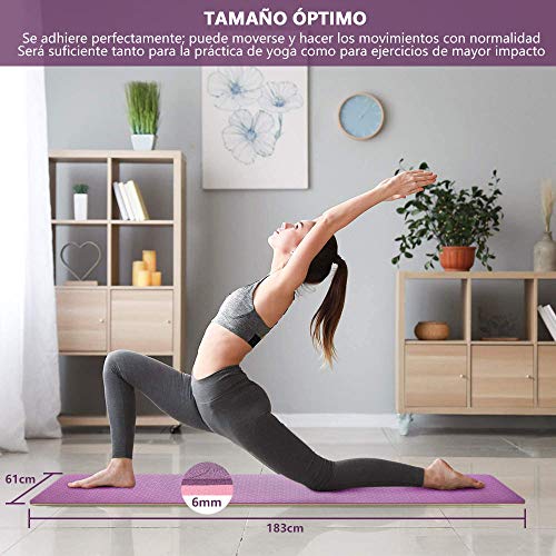 Esterilla Yoga Antideslizante Estera Pilates Ecológica TPE Deporte Fitness para Entrenamiento de Gimnasia 183x61cm, con Correa Y 2 Bandas de Resistencia para la Cadera