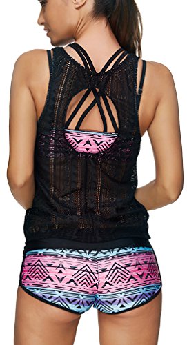 EUDOLAH Bañador Mujer 3 Piezas Top Deportivo Negro Yoga Fitness Chaleco Pantalones Cortos con Estampado Calico A- Rosa,XXX-Large